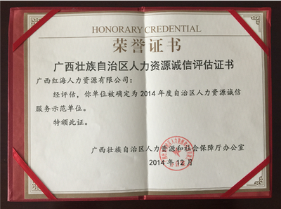 热烈祝贺广西红海荣获“2014年度广西壮族自治区人力资源诚信服务示范单位”荣誉称号